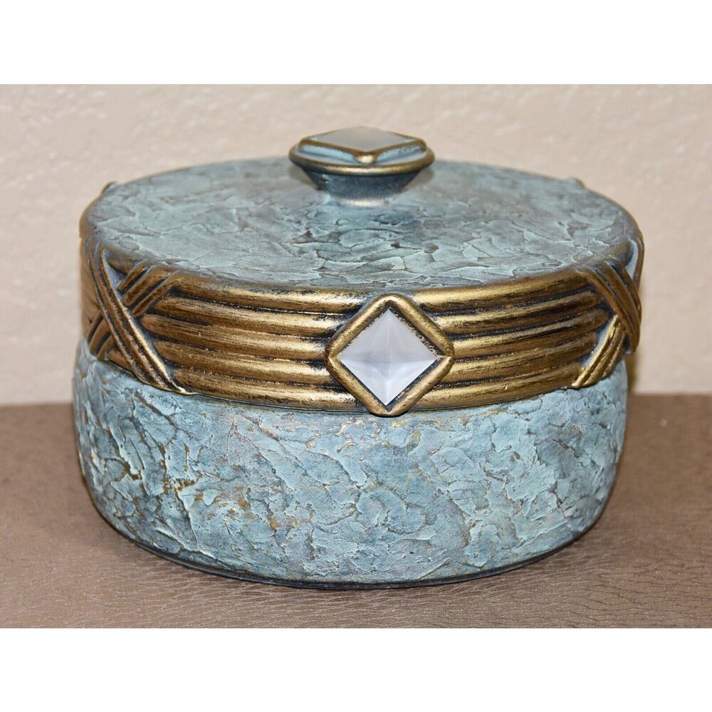 Jaru Designer Art Deco Green and Gold Cast Ceramic Trinket Candy Box
